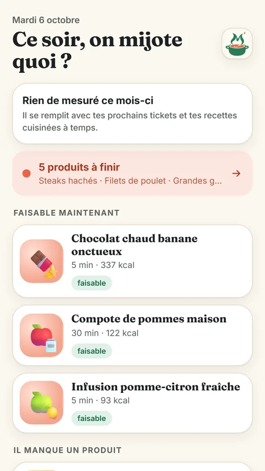 Écran « Ce soir, on mijote quoi ? » de l'application Mijotto : un encart des produits à finir, puis des recettes marquées « faisable » avec leur durée et leurs calories.